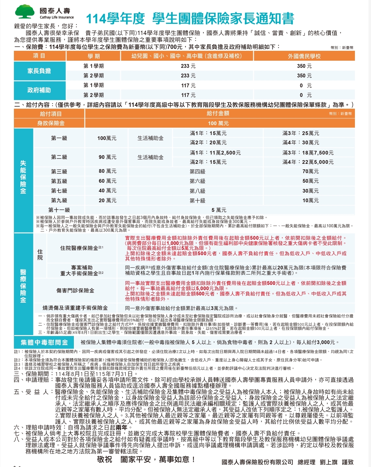 學生平安保險給付內容