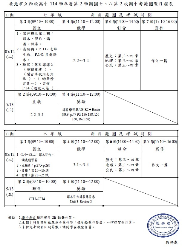 114學年度第2學期國中部第2次段考範圍暨日程表