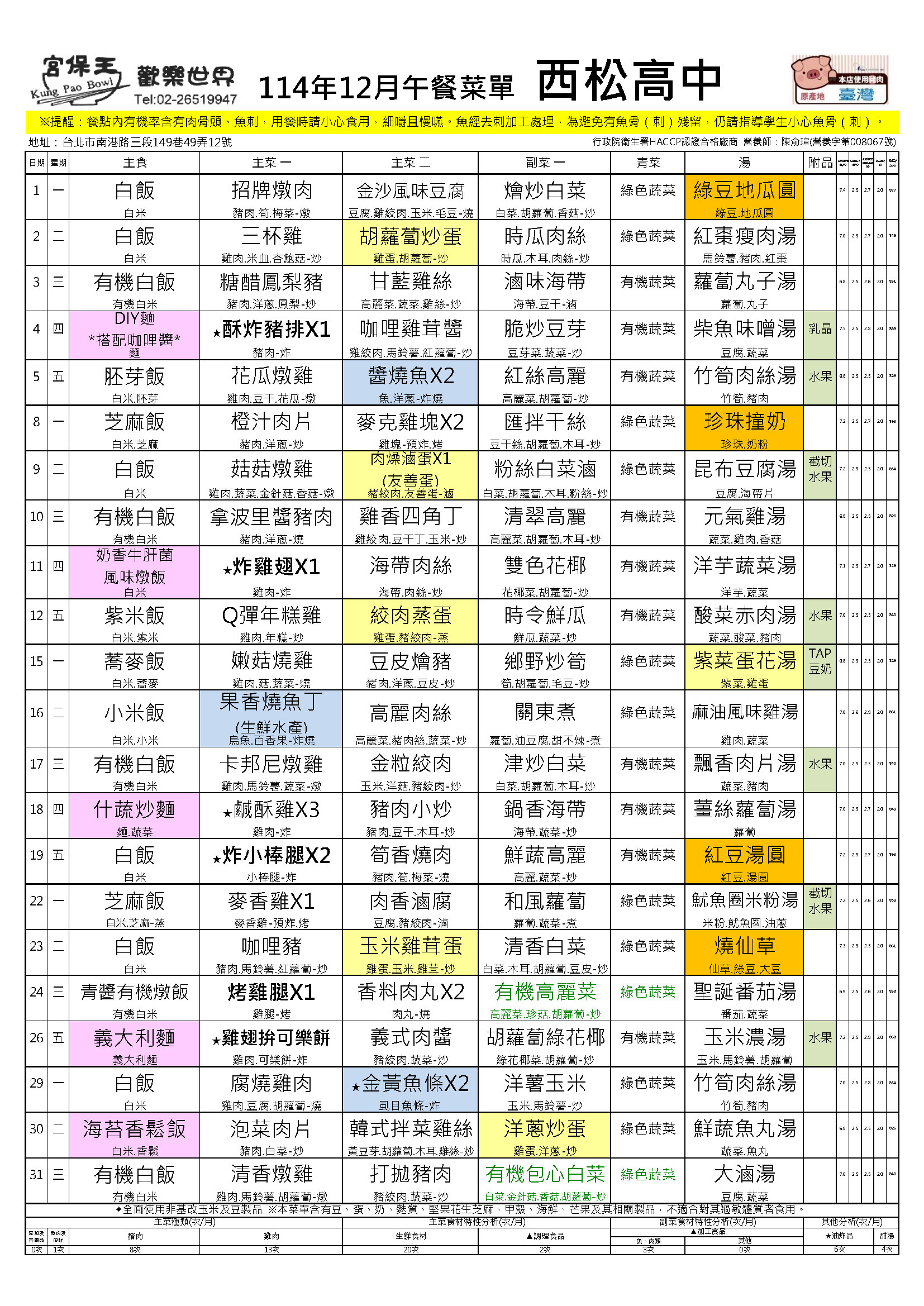 12月營養午餐菜單