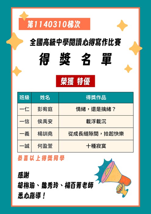 特優得獎名單